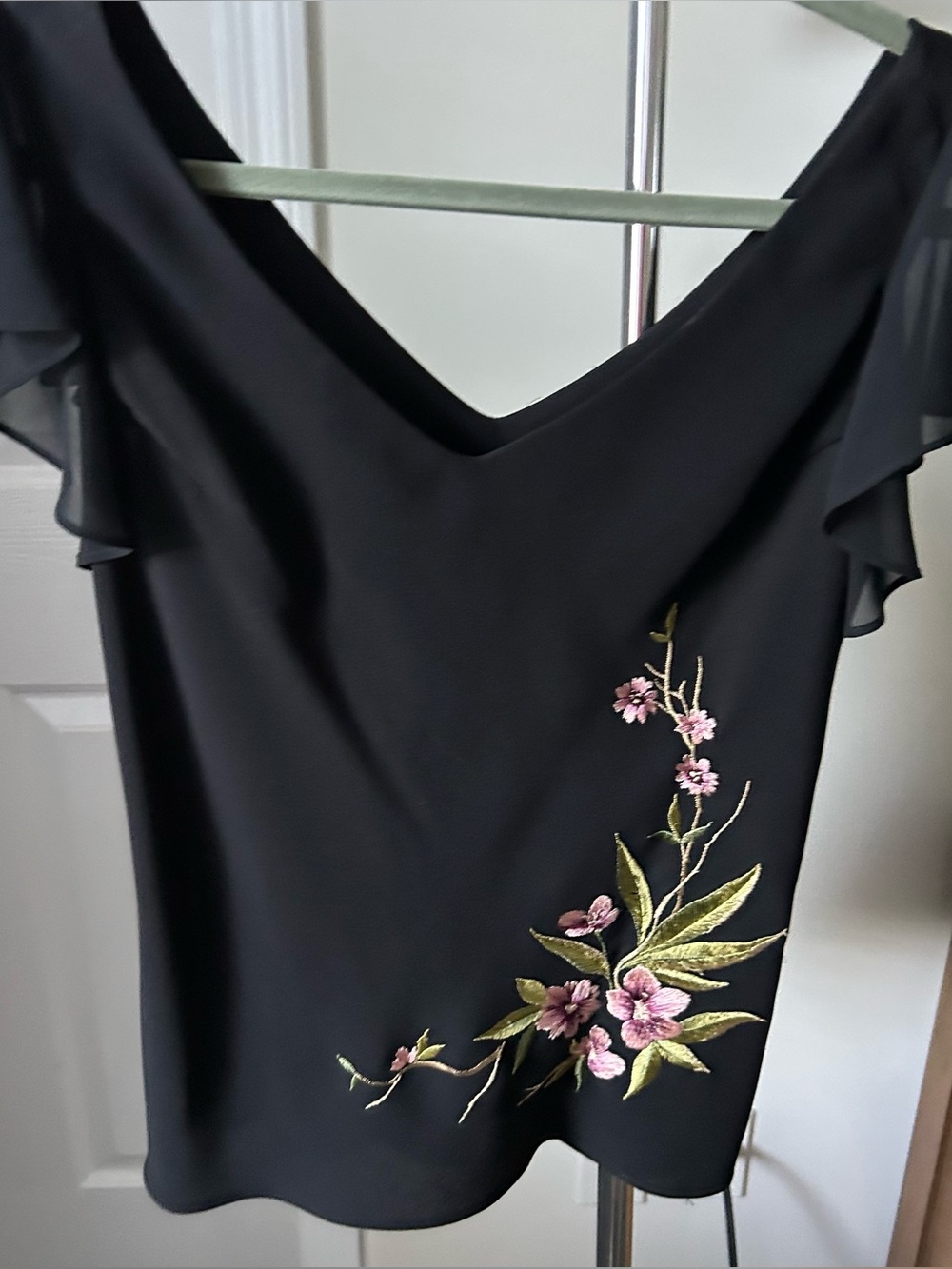 S.L. Fashions Black One-Shoulder Dress with Pink Floral Embroidery